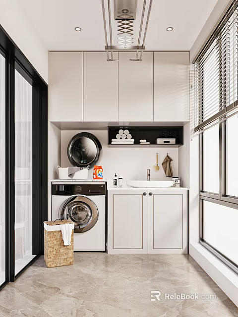 Modern Home Balcony Design With White Cabinets Washing Machine Sink Storage And Blinds 3d model 