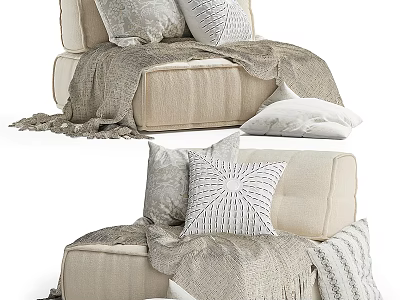 Cozy Beige Bean Bag Chair with Decorative Pillows and Soft Blanket 3d model