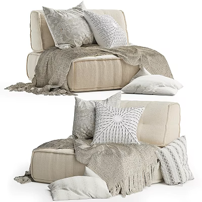 Cozy Beige Bean Bag Chair with Decorative Pillows and Soft Blanket 3d model