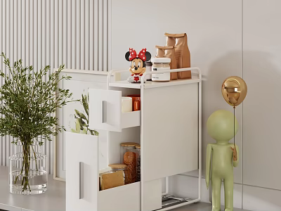 White Storage Shelf With Drawers Open Compartments Stuffed Toy Jars Green Plants Gold Balloon And Figurine 3d model