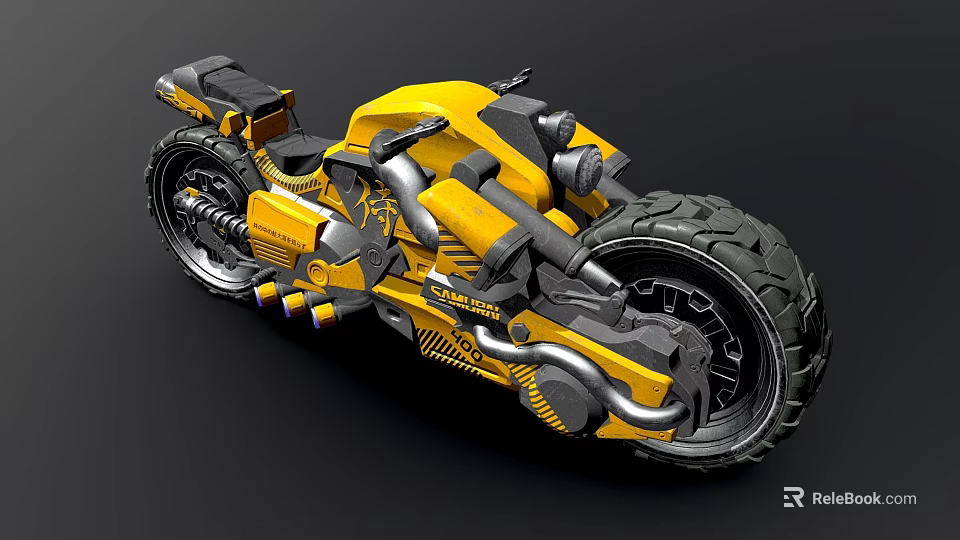 Striking Yellow and Black Futuristic Motorcycle with Thick Tires and Mechanical Details 3d model 