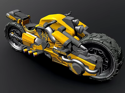 Striking Yellow and Black Futuristic Motorcycle with Thick Tires and Mechanical Details 3d model