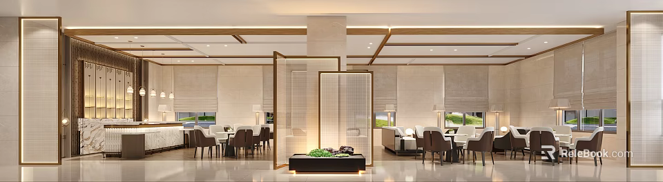 Hotel Lobby Modern Interior Featuring Wooden Frame Screen Green Plants Sofa And Dining Seats 3d model 