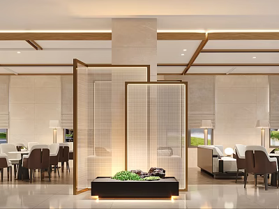 Hotel Lobby Modern Interior Featuring Wooden Frame Screen Green Plants Sofa And Dining Seats 3d model