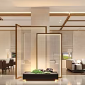 Hotel Lobby Modern Interior Featuring Wooden Frame Screen Green Plants Sofa And Dining Seats