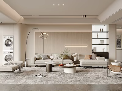 Modern Minimalist Living Room With Beige Sofa Round Coffee Table Floor Lamp Bookshelf And Rug 3d model