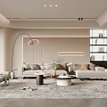 Modern Minimalist Living Room With Beige Sofa Round Coffee Table Floor Lamp Bookshelf And Rug