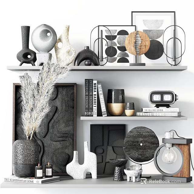 Modern Decorative Ornament Collection With Ceramic Vases Geometric Sculptures And Shelf 3d model 