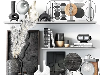 Modern Decorative Ornament Collection With Ceramic Vases Geometric Sculptures And Shelf 3d model
