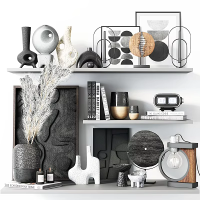Modern Decorative Ornament Collection With Ceramic Vases Geometric Sculptures And Shelf 3d model