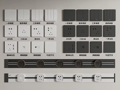 Modern Switch Panels White And Black Different Types With Single Double Control Sockets 3d model