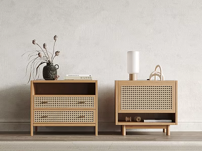 Wooden Bedside Tables With Rattan Design And Vase Dried Flowers Lamp Handbag Books On Top 3d model