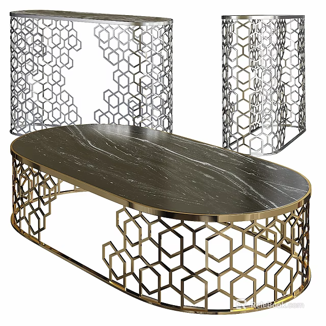 Elegant Oval Dining Table With Black Marble Top And Gold Hexagonal Lattice Base 3d model 