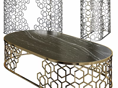 Elegant Oval Dining Table With Black Marble Top And Gold Hexagonal Lattice Base 3d model