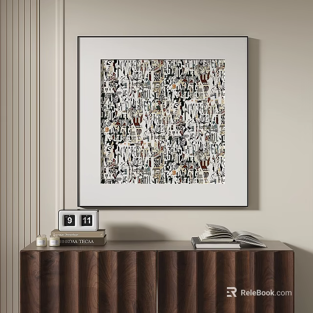 White Framed Abstract Painting With Intricate Patterns On Beige Wall Above Wooden Cabinet 3d model 