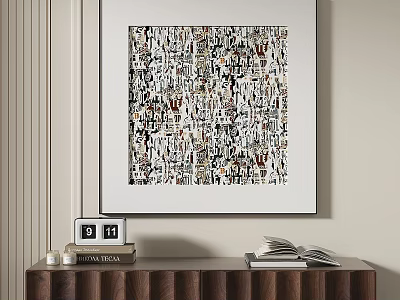 White Framed Abstract Painting With Intricate Patterns On Beige Wall Above Wooden Cabinet 3d model