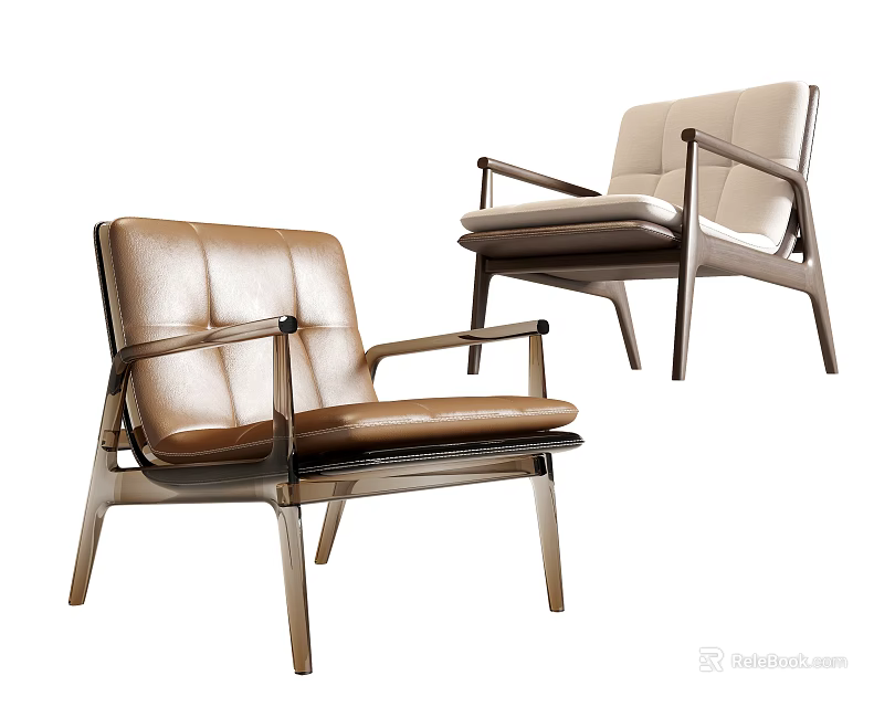 Modern Leisure Chair With Leather Upholstery And Wooden Legs In Brown And Beige 3d model 