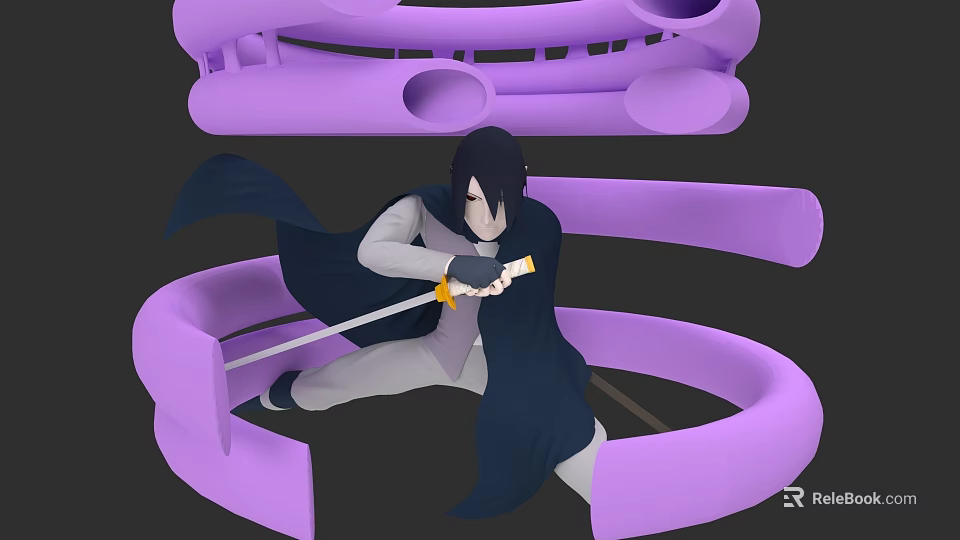 Dynamic Game Movie Character Black Cloak White Top Gray Pants Holding Sword With Purple Rings 3d model 