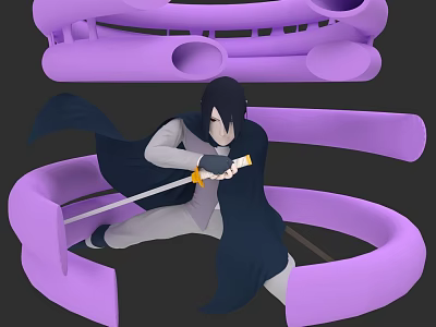 Dynamic Game Movie Character Black Cloak White Top Gray Pants Holding Sword With Purple Rings 3d model
