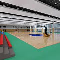 Spacious Basketball Gymnasium With Wooden Floor Blue Yellow Bleachers And Ping Pong Tables