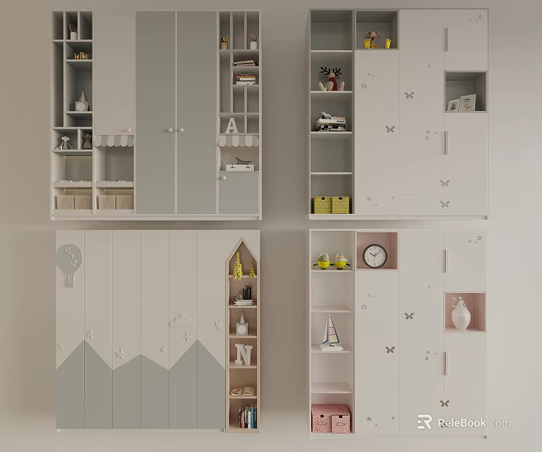 Modern Light Gray Storage Cabinets With Open Shelves Cabinet Doors And Decor Items 3d model 