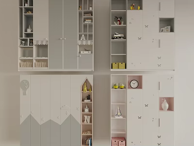 Modern Light Gray Storage Cabinets With Open Shelves Cabinet Doors And Decor Items 3d model