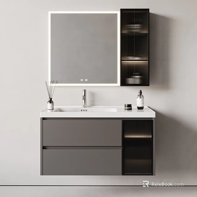 Modern Bathroom Vanity with Frameless Mirror White Countertop Gray Cabinet Storage Compartments and Toiletries 3d model 