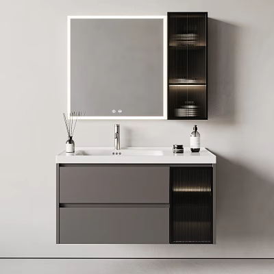 Modern Bathroom Vanity with Frameless Mirror White Countertop Gray Cabinet Storage Compartments and Toiletries 3d model