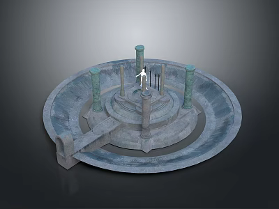Scenic Landscape Featuring Circular Fountain With Stone Columns And Central Statue 3d model