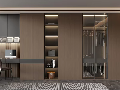 Modern Luxury Integrated Cloakroom And Study Room Design With Wooden Glass Door Bookshelf And Desk 3d model