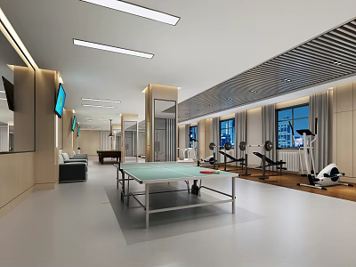 Modern Home Theater Room Interior With Ping Pong Table Sofa TV And Fitness Equipment 3d model