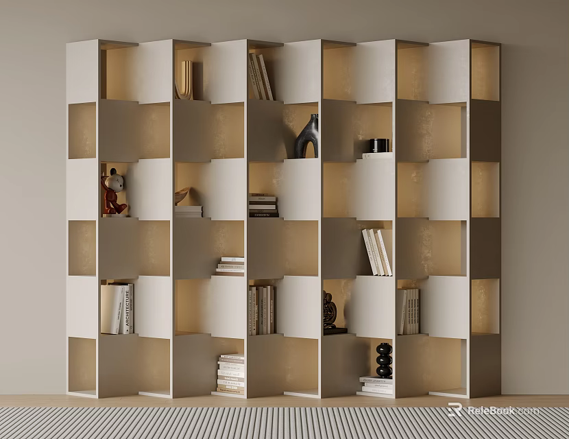 Modern Illuminated Bookshelf Design With Open Grid Shelves Books And Decorative Items 3d model 