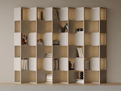 Modern Illuminated Bookshelf Design With Open Grid Shelves Books And Decorative Items 3d model
