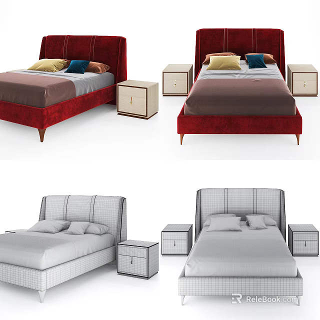 Modern Double Bed With Red Gray Upholstered Frames And Matching Nightstands 3d model