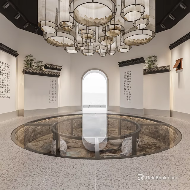 Traditional Cultural Center With Circular Glass Floor Arched Window Chinese Lantern Chandeliers And Calligraphy Works 3d model 