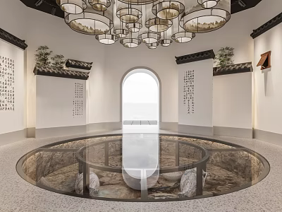Traditional Cultural Center With Circular Glass Floor Arched Window Chinese Lantern Chandeliers And Calligraphy Works 3d model