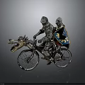 Medieval Knights Riding Dragon Shaped Bicycle With Blue Lion Emblem Shield
