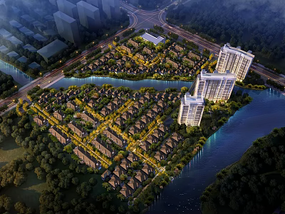 Aerial View Planning of Residential Community With Low Rise Townhouses High Rise Apartments Riverfront Greenery 3d model