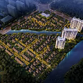 Aerial View Planning of Residential Community With Low Rise Townhouses High Rise Apartments Riverfront Greenery