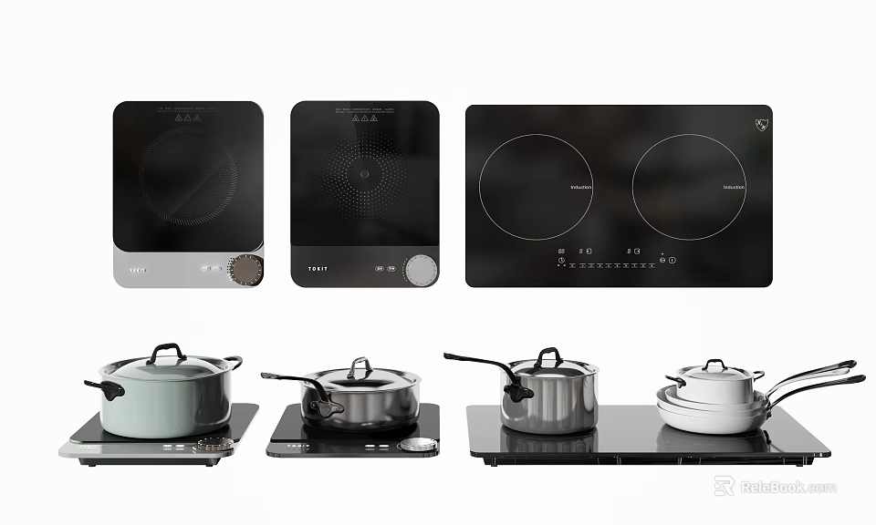Modern Kitchen Appliances Featuring Single And Double Induction Cooktops With Various Pots 3d model 