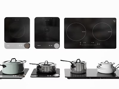Modern Kitchen Appliances Featuring Single And Double Induction Cooktops With Various Pots 3d model