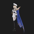 Anime Style Character In White Blue Outfit With Cloak Hat And Weapons