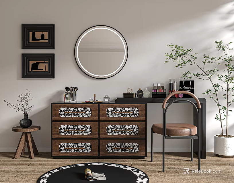 Modern Wooden Dressing Table With Round Mirror Floral Drawers Chair And Potted Plant 3d model 
