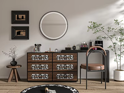 Modern Wooden Dressing Table With Round Mirror Floral Drawers Chair And Potted Plant 3d model