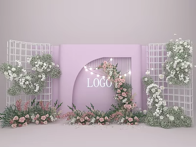 Elegant Photo Check In Spot Featuring Pink Background White Flower Walls And Decorative Arch 3d model