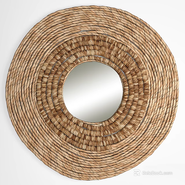 Round Wall Mirror With Woven Rattan Frame For Home Decor 3d model