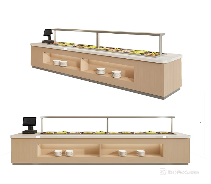 Modern Buffet Counter With Wooden Cabinet Glass Cover Food Items White Bowls Black 3d model 