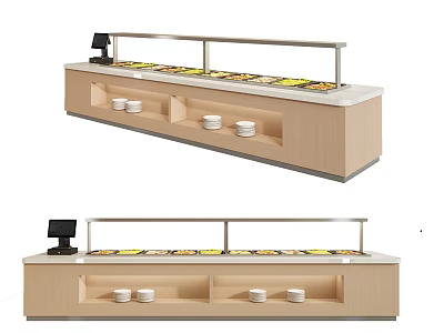Modern Buffet Counter With Wooden Cabinet Glass Cover Food Items White Bowls Black 3d model