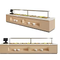 Modern Buffet Counter With Wooden Cabinet Glass Cover Food Items White Bowls Black