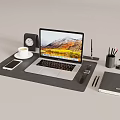 Modern Laptop Desk Setup With Smartphone Coffee Cup Clock Pen Holder And Notebook